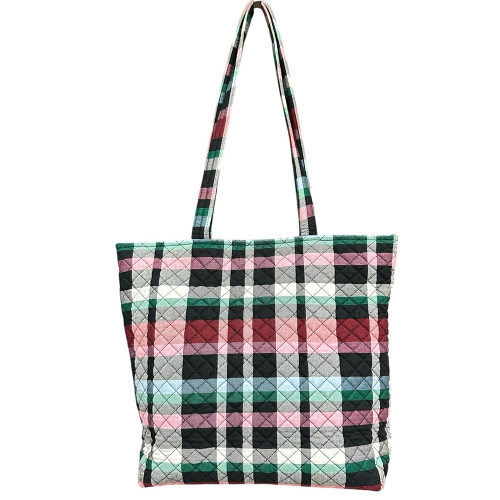 Vera Bradley Quilted Plaid Cotton Tote Bag Pink Green Black Shoulder Carryall